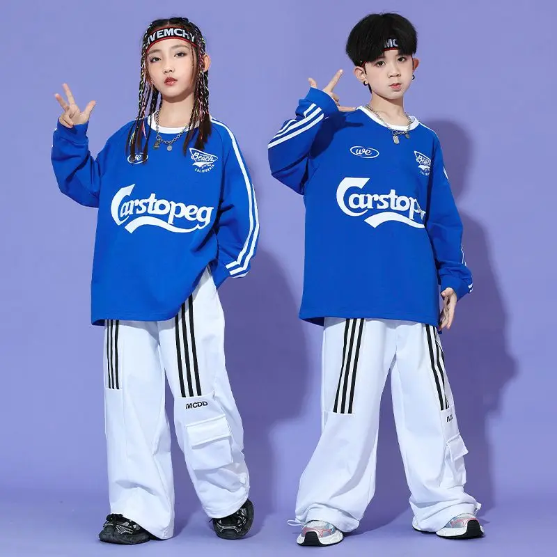 Kids Hip Hop Dance Performance Set Girls Stage Performance Fashion Blue Top Boys Dance Costumes