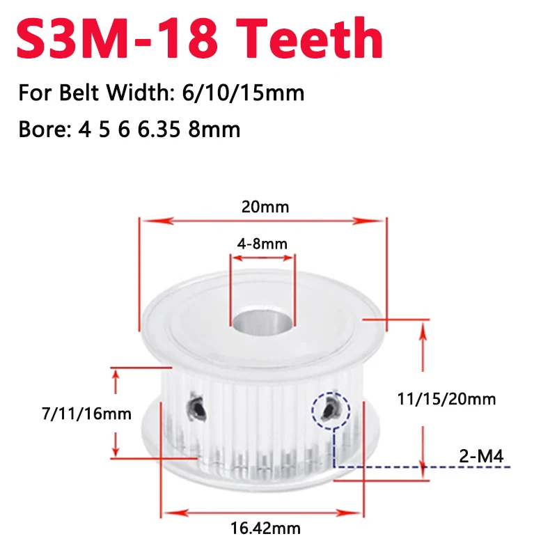 

1pc 18 Teeth S3M Timing Pulley Aluminum Alloy 18T Synchronous Wheel For Belt Width 6 10 15mm Bore 4 5 6 6.35 8mm AF Type