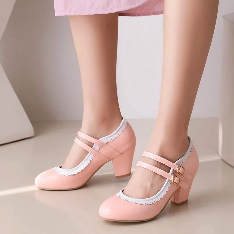 New Fashion Women Lolita Mary Jane Shoes Pink Gril Casual Round Toe Sweet Ankle Strap Party Pumps Brogue Shoes Larger Size 47 48