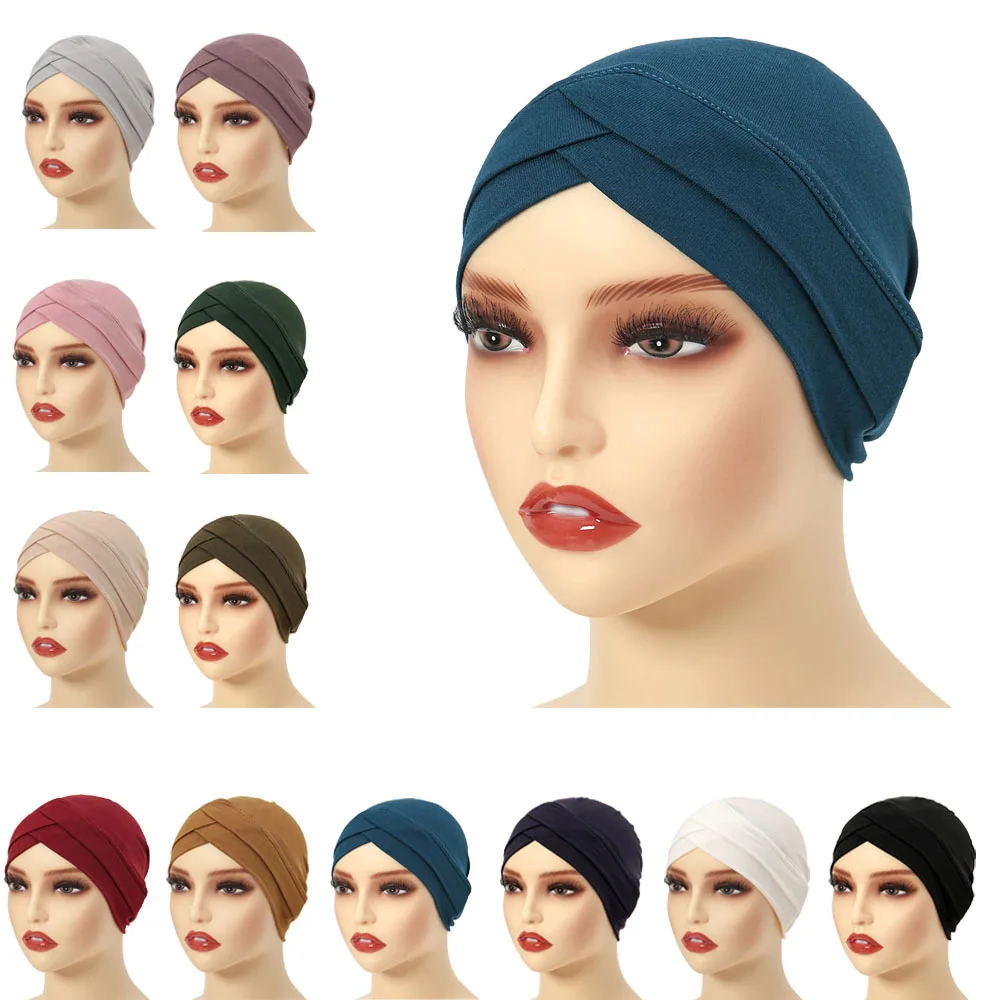 

Forehead Cross Inner Hijab Hat Women Muslim Jersey Ninja Cap Headscarf Beanies Bonnet Soft Underscarf Hair Loss Headwear Wrap