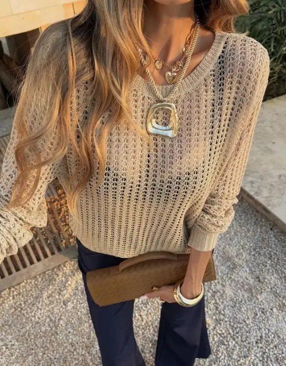 

Spring/Summer Women's Hollow Loose round Neck Woolen Top for Vacation 2026 Fashion Comfortable Knitwear