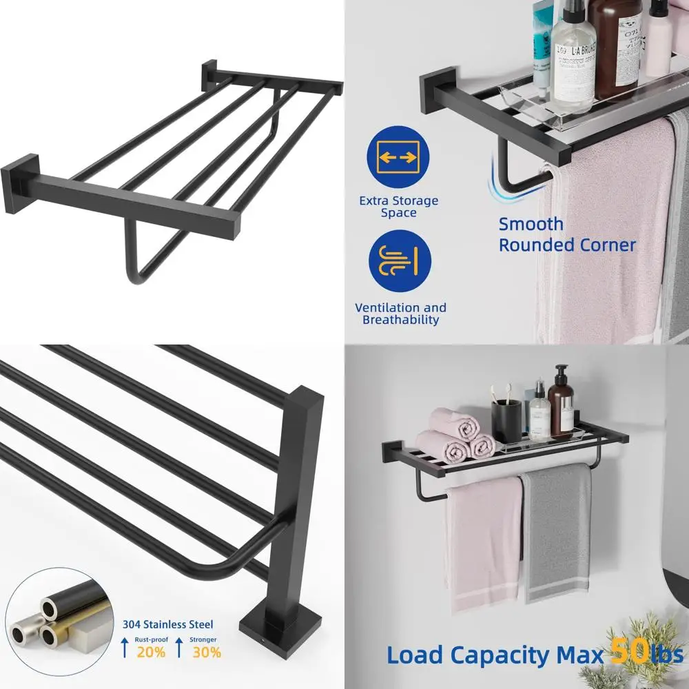 

RUACQ 24inch Towel Racks for Bathroom, Square Base Towel Rack with Towel Bar, SUS 304 Stainless Steel Towel Shelf for House and