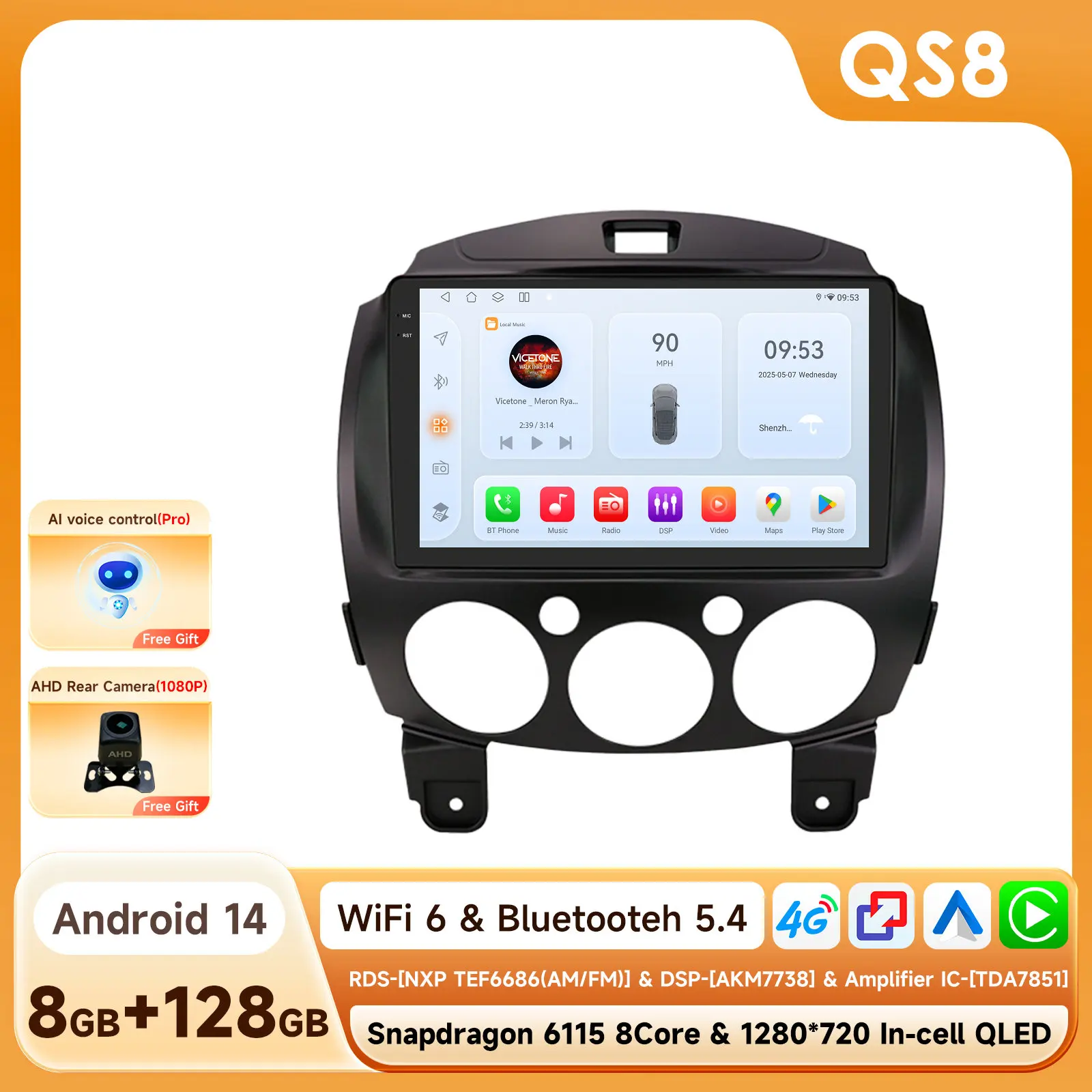 360 Camera 2Din Android 14 Autoradio Voor Mazda 2 2007 2008-2014 Auto Multimedia GPS 4G Carplay intelligente Scherm autoradio 6115