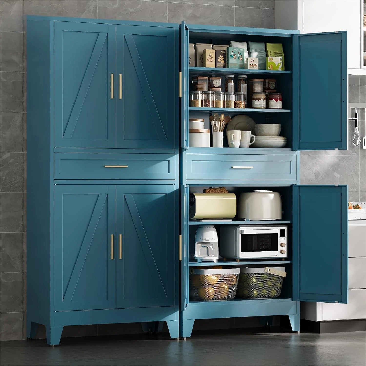 new 71'' Tall Metal Pantry Cabinet with Drawer, Kitchen Storage Cabinet with 4 Doors and Shelves, Freestanding, Customized