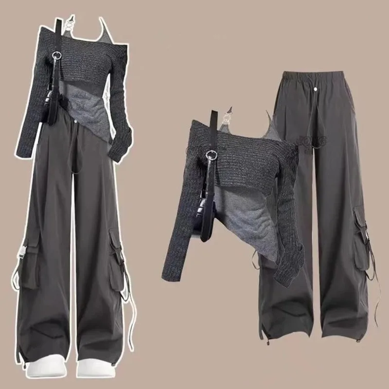 

Women's 2026 Spring Summer New Tracksuit Matching Set Korean Elegant Fake Two-Piece Long Sleeve Top+Casual Cargo Pants Suit