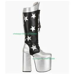 Lady silver star design platform knee boots chunky heel calf boots party dance dress high heels boots black sliver mix color 46