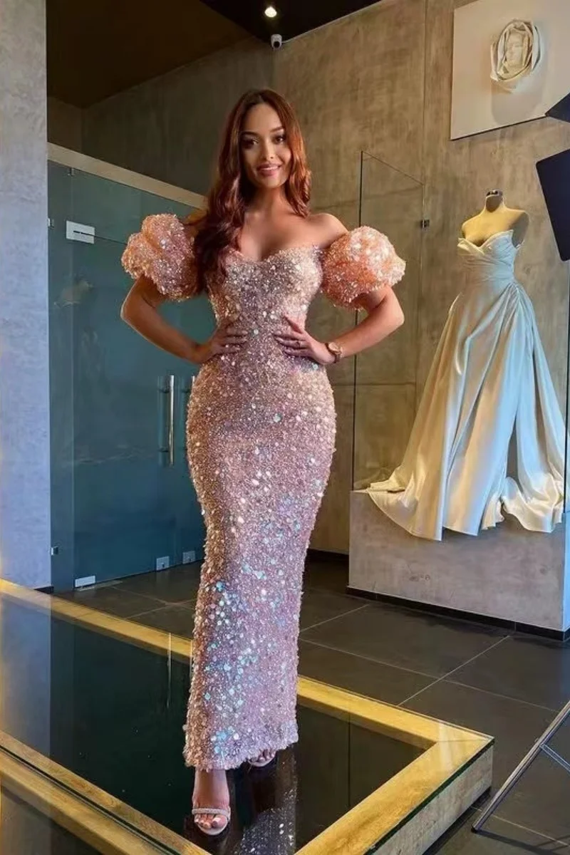 Elegante vestido de festa feminino, manga folhada querida, envoltório de lantejoulas rosa, vestido de baile, 2022