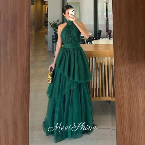 Elegant Halter Tiered Prom Dress A-Line Tulle Sleeveless Evening Dress Saudi Arabia Formal Wedding Special Occasion Customized