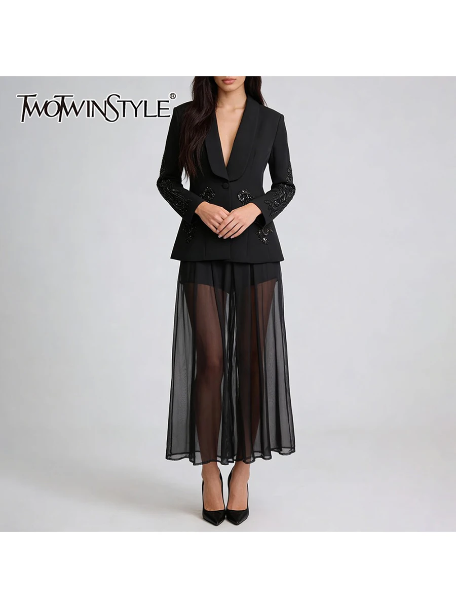 TWOTWINSTYLE Elegant Two Piece Sets for Women Lapel Long Sleeves Spliced Sequins Blazer High Waist Sheer Long Skirt Set Female