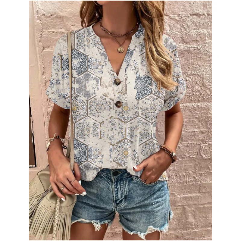 Blusa informal con estampado para mujer, cseta hoada de estilo callejero, Top con botones, cuello en V, manga corta de p...