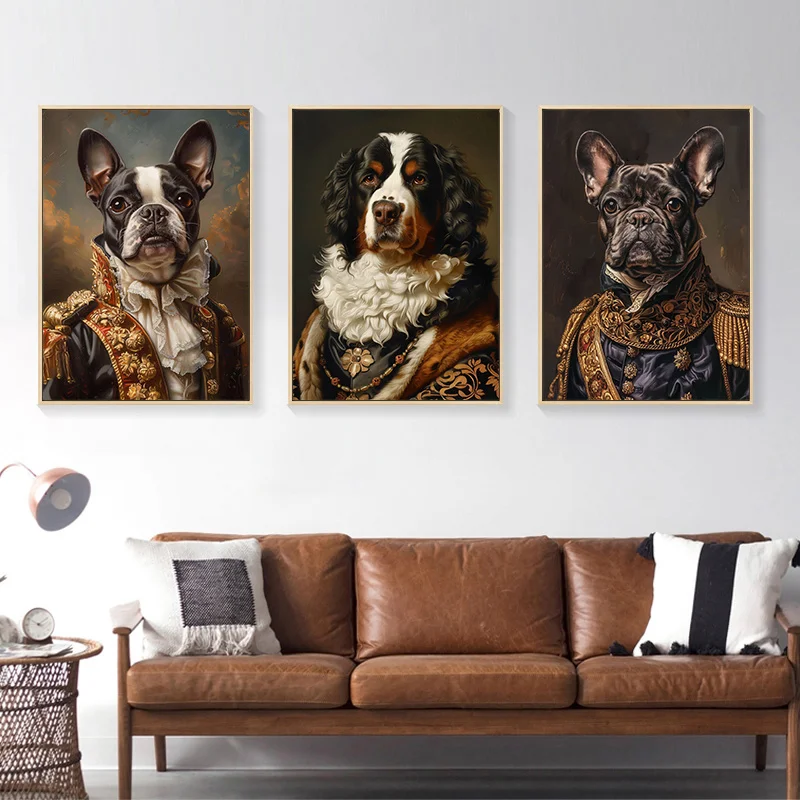 French Bulldog Chihuahua Dogs Royal Portrait Canvas Print Art Posters Funny Dogs Portrait Vintage Wall Art Mural for Home Decor