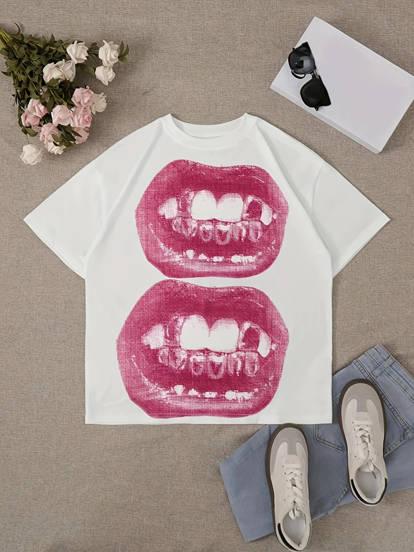 

Y2K Style Women'S Punk Round Neck Short Sleeve T-Shirt with Bold Lips Print Polyester Elastane Knit Fabric