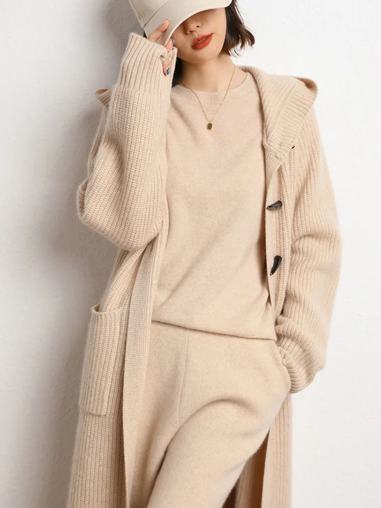 Hooded Thickened Cashmere Women's Clothing 2024 New Korean Lazy Style Horn Button Loose Long Sleeve Cardigan