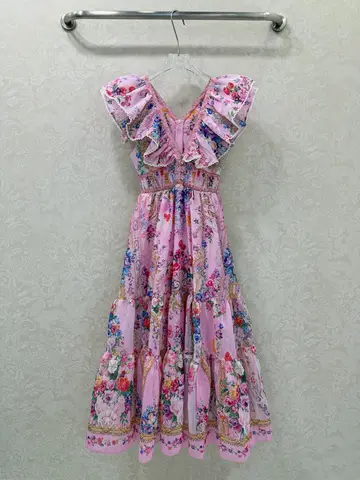 Женское макси-платье из полиэстера 2026 года с V-образным вырезом и цветочным принтом