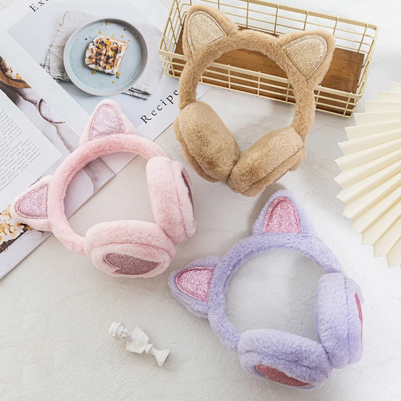 

Cute Glitter Cat Ear Earmuff Soft Plush Warmer Winter Warm For Women Men Fashion Solid Earflap Outdoor Cold Protection Ear Cover