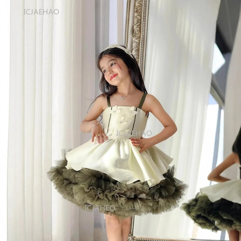 Girls Spaghetti Strap Princess Party Dress Host Pageant Fashion Formal Evening Dresses Children Tulle Puffy Gown for Model Show