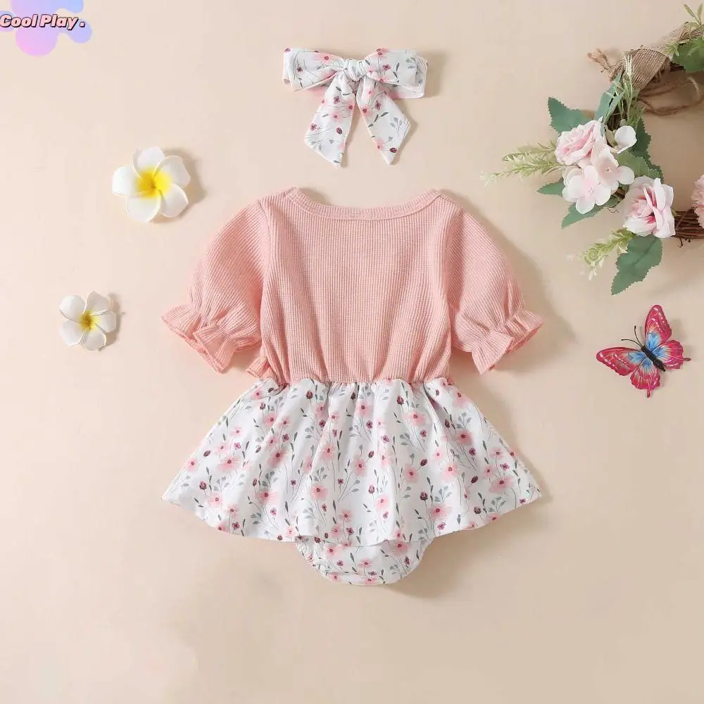 

Fashion Bowknot Toddle Princess Dress Cotton Flower Summer Baby Bodysuit Infant Sweet False 2Piece Jumpsuit Dress Beach Vacation