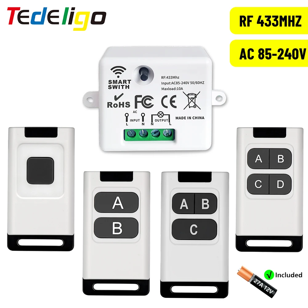 

433MHz Wireless Remote Control Light Switch 220V 110V 10A Relay Receiver Control with 1/2/3/4gang Transmitter for Lighting Led