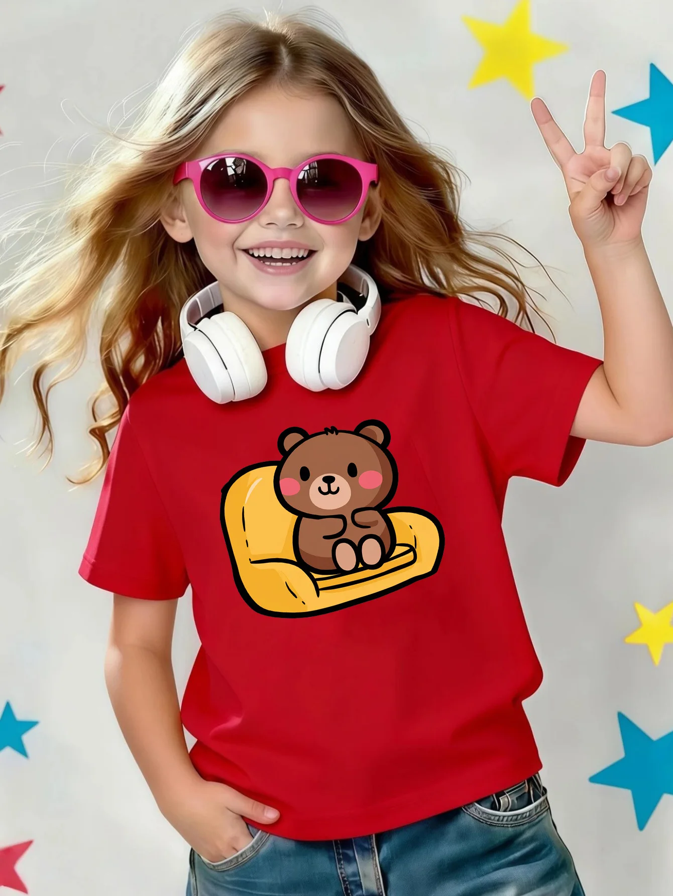 Cute Brown Bear Sitting On Sofa Lovely Cartoon Print Kids Tee Boys Girls Cotton Summer Soft Casual Unisex Short Sleeve Shirts