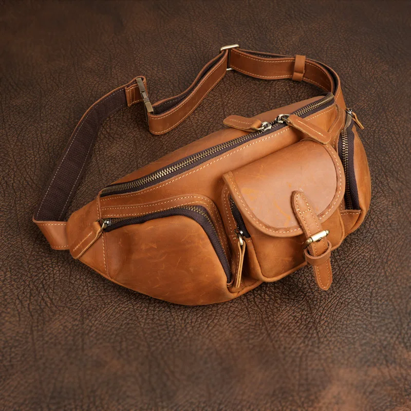 Men's Vintage Full-Grain Leather Waist Pack Crossbody Bag, Crazy Horse Chest Bag for Hiking Travel Outdoor