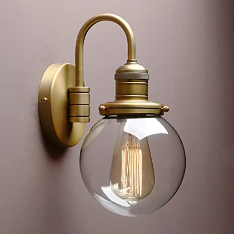 

1-Light Brass Modern Vintage Indoor Wall Sconce Vanity Single Luxury Hardwired Retro Textured Clear Round Globe Glass Shade wit
