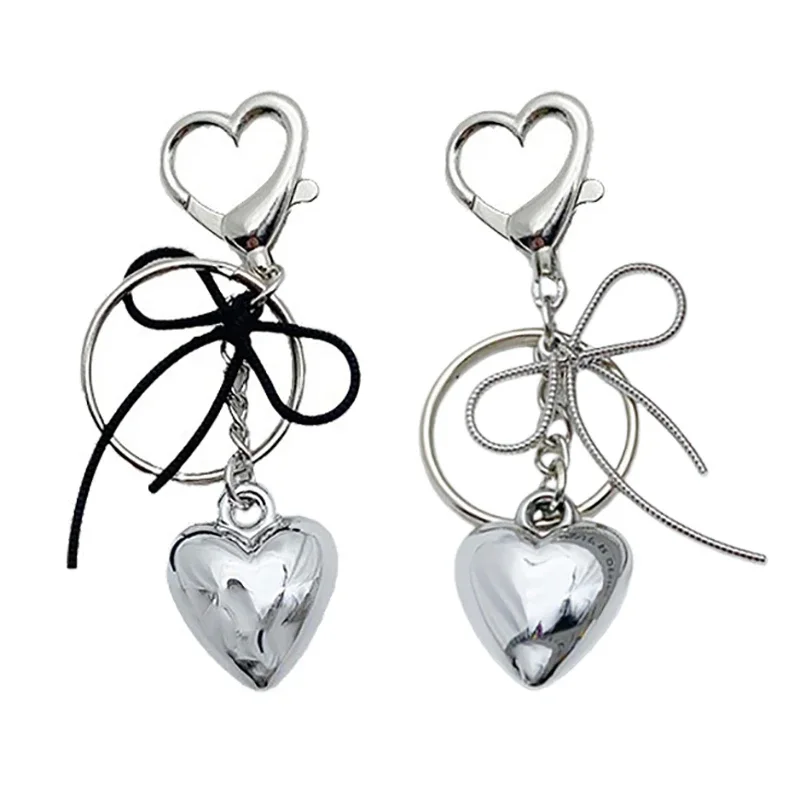 

Y2K Silver Color Metal Keychain Simple Bowknot Heart Keyring Car Key Holder Backpack Pendant Bag Hanging Decoration