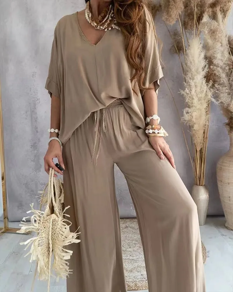 2 Piece Sets Outfit Pant Sets 2024 Two Piece Set For Women V Neck Bat Sleeve Casual Loose Wide-leg Solid Color Juicy Tracksuit