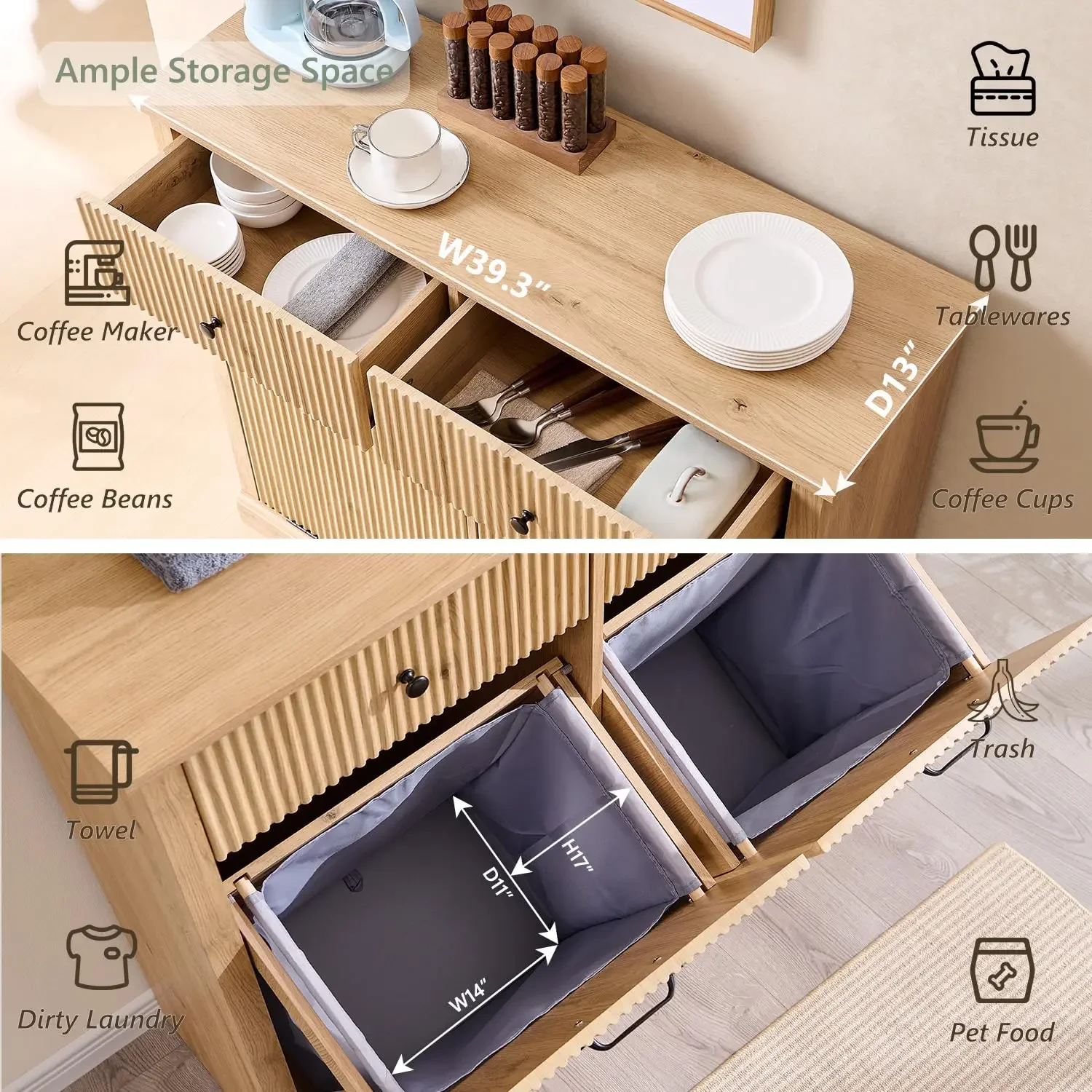 Modern Double Tilt-Out Trash Cabinet, 20 Gallon Fluted Laundry Hamper with 2 Drawers, Wooden Hidden Garbage Can Cabinet, Natural