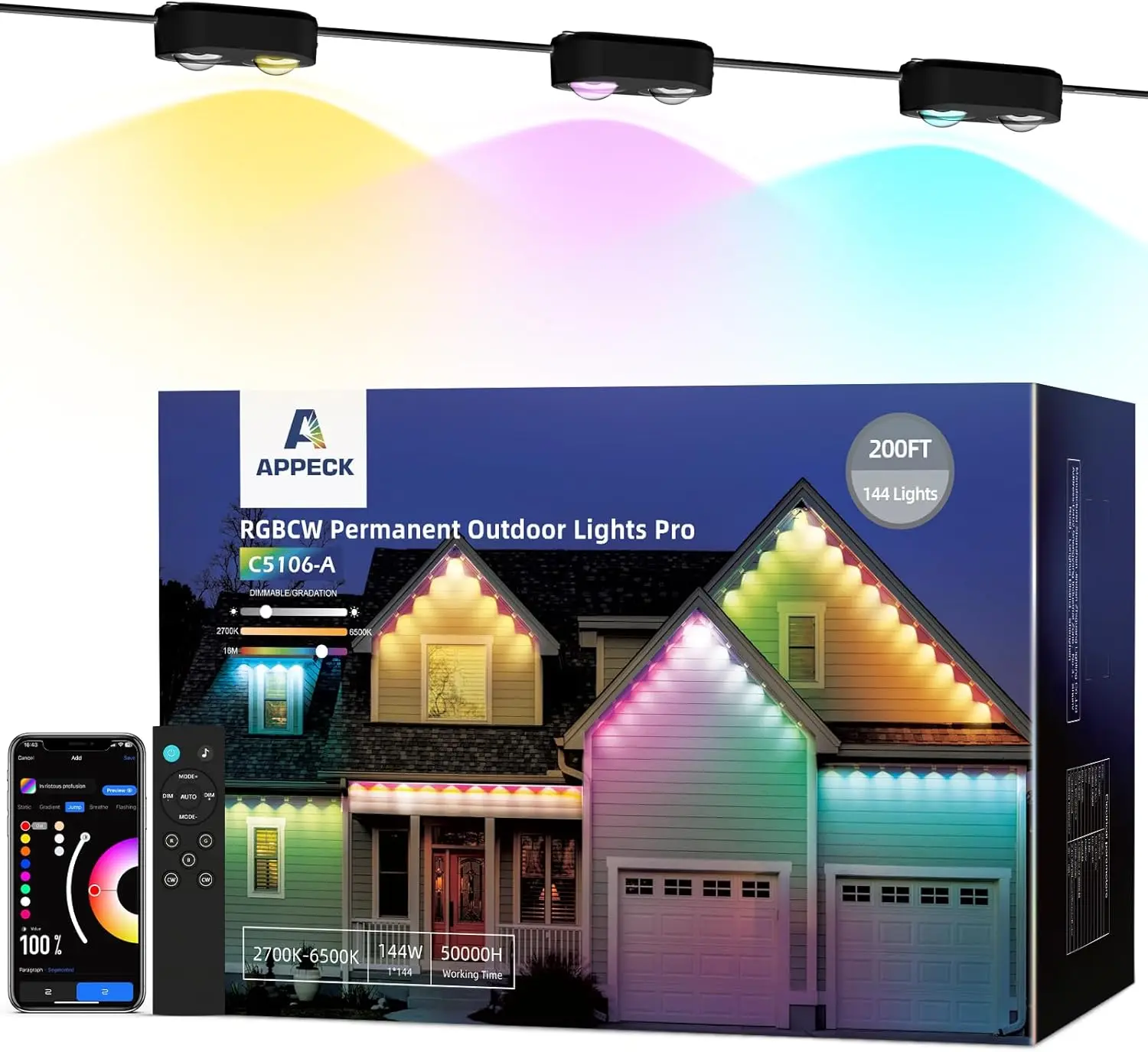 Lights Pro 200ft, RGBCW Smart Eaves Lights with 144 LED Lights, Dual Lens, Cuttable, 111 Scene Modes, IP67