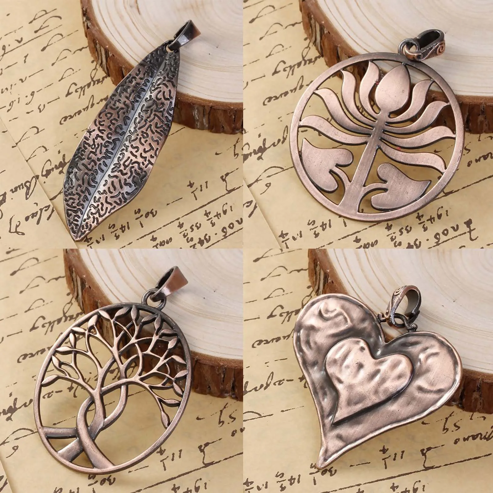 Vintage Metal Pendants Leaf Heart Tree Stripe Antique Copper Color Charms DIY Making Necklace Women Party Jewelry Gifts,1-3PCs