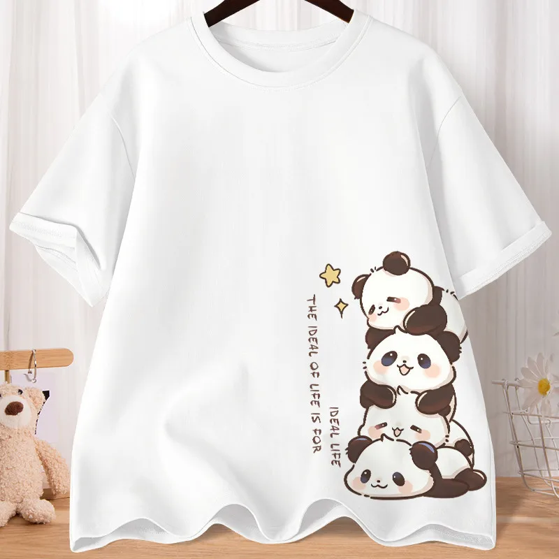 Summer Cartoon Cute Treasure Panda Sweet Printed Short Sleeve T-shirt Women\'s Loose Leisure Soft Bottom Oversized Shirt Top