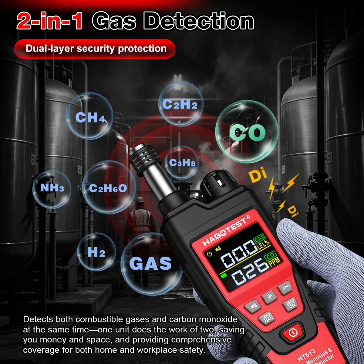 2026 New HABOTEST HT613 Portable 2-in-1 CO & Combustible Gas Detector High-Precision Sensors BuzzerAlarm Built-in Battery
