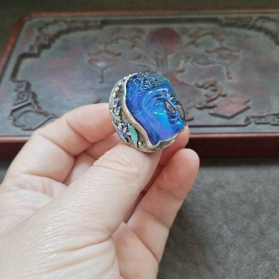 Vintage Patina Old Silver Inlaid Color-Changing Gemstone Buddha Ring 2026
