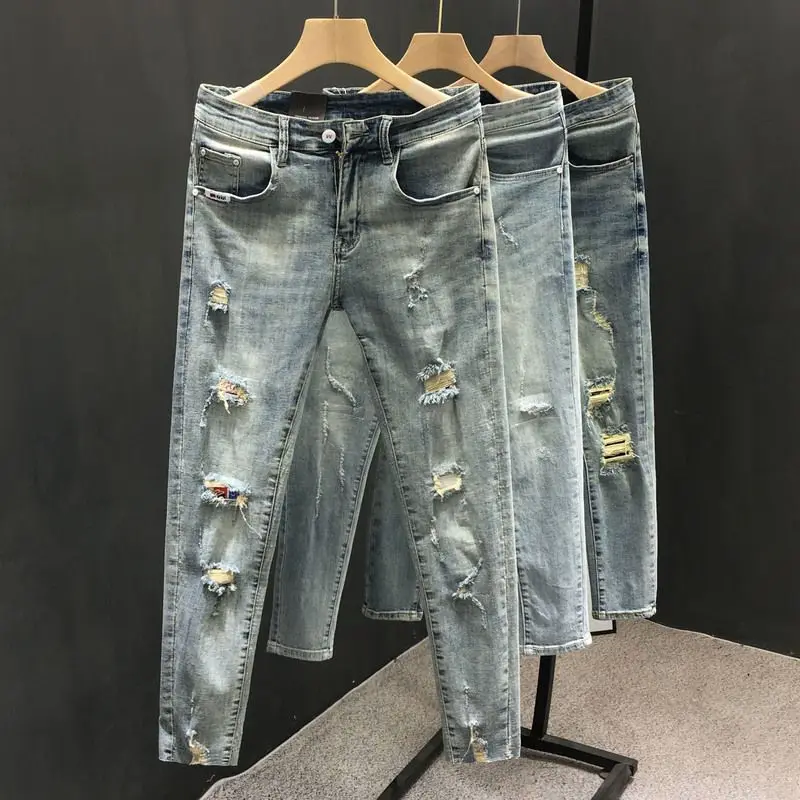 Men's Casual Denim Jeans Spring Autumn Slim Fit Stretch Light Blue Pants Luxury Korean Style Washed Designer Distressed Jeans