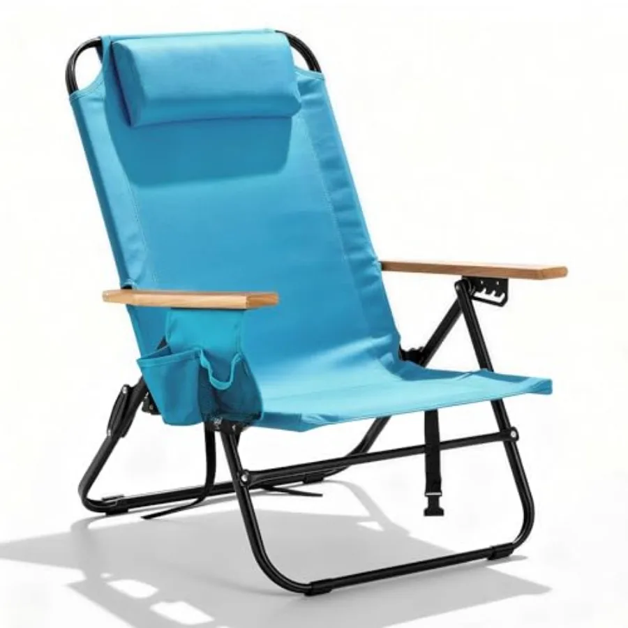 

Portable camping chair for outdoor use, blue polyester fabric with wooden armrests, 5-position reclining, headrest and multi-po