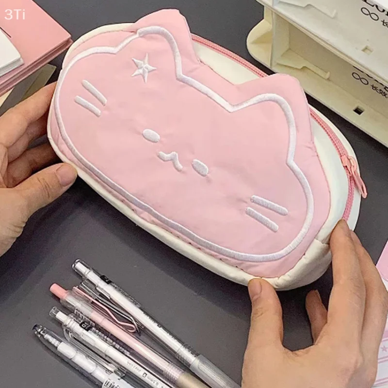 1 قطعة سعة كبيرة البساطة القلم حقيبة التخزين الوردي القط طباعة مقلمة الكرتون هريرة لطيف القلم المنظم حقيبة للأطفال