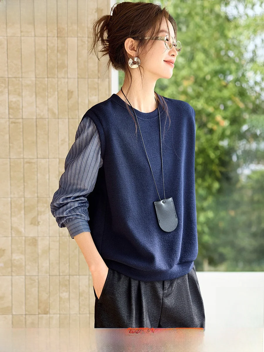 

Casual Long Sleeve round Neck Sweatshirt Color Block Design Loose Top Women's Spring Fashion Polyester Viscose Spandex Blend
