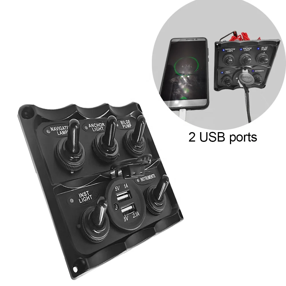 STTL 12V Marine Toggle Switch Back Environmental Protection Plastic 5-Key With USB Multifunction Control Switch for Marine Yacht