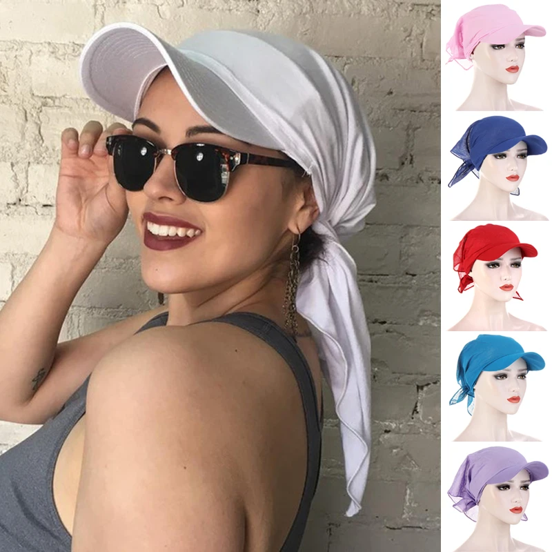 Women Brim Cap Sun Visor with Pre-Tied Turban Caps Head Scarf Hijab Pure Color Muslim Beach Female Fashion Outdoor Hat