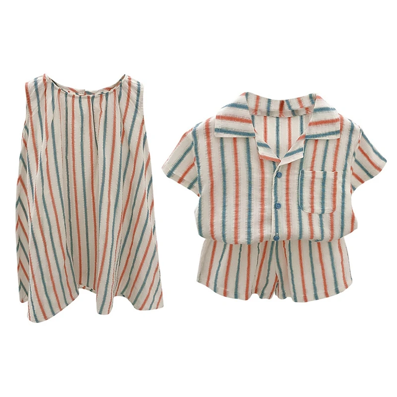 Children\'s Set Summer Short Sleeved Shorts Striped Vest Skirt Siblings Striped Vest Skirt