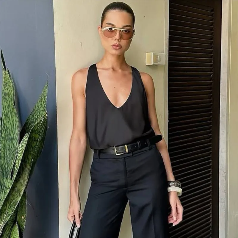 Women Satin Deep V Neck Tank Top Sleeveless Wide Strap Silky Elegant Slimming Commuter Blouse Vest Cami Summer Casual Basic Chic