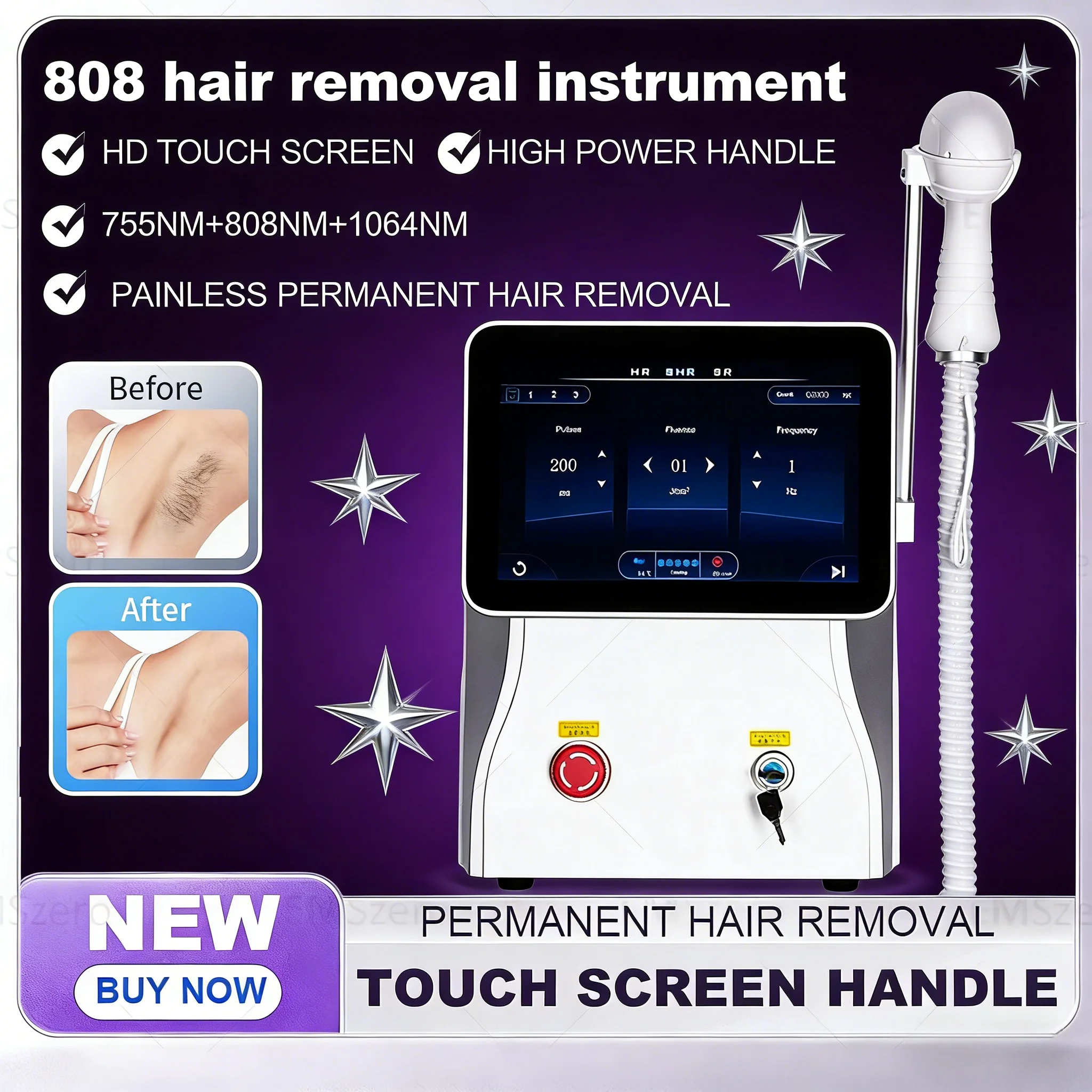 

Профессиональный диодный лазер для удаления волос с 3 длинами волн (755 нм, 808 нм, 1064 нм), охлаждаемая насадка, безболезненное удаление волос