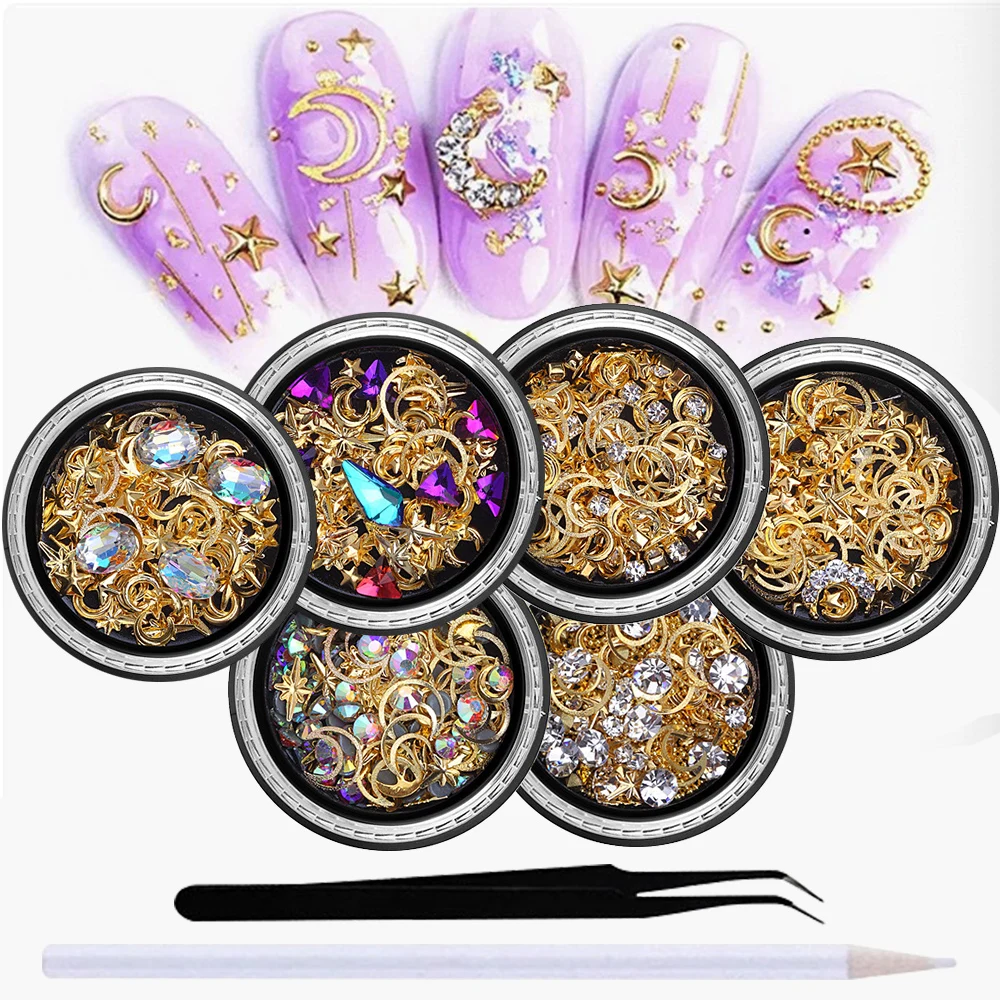 6Jar/Set Alloy Rivets Nail Charm Punk Style Metal Star Moon Nail Accessories DIY Mixed Japanese Y2K Nail Alloy Decoration Parts