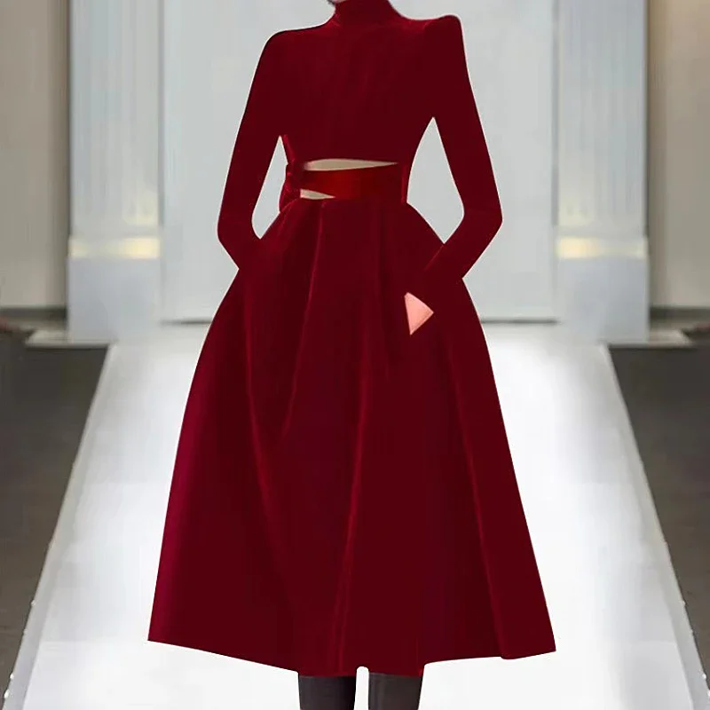 

Milan Runway Designer High Quality Spring New Women'S Fashion Party Work Sexy Vintage Elegant Chic Long Sleeve Velvet Dress