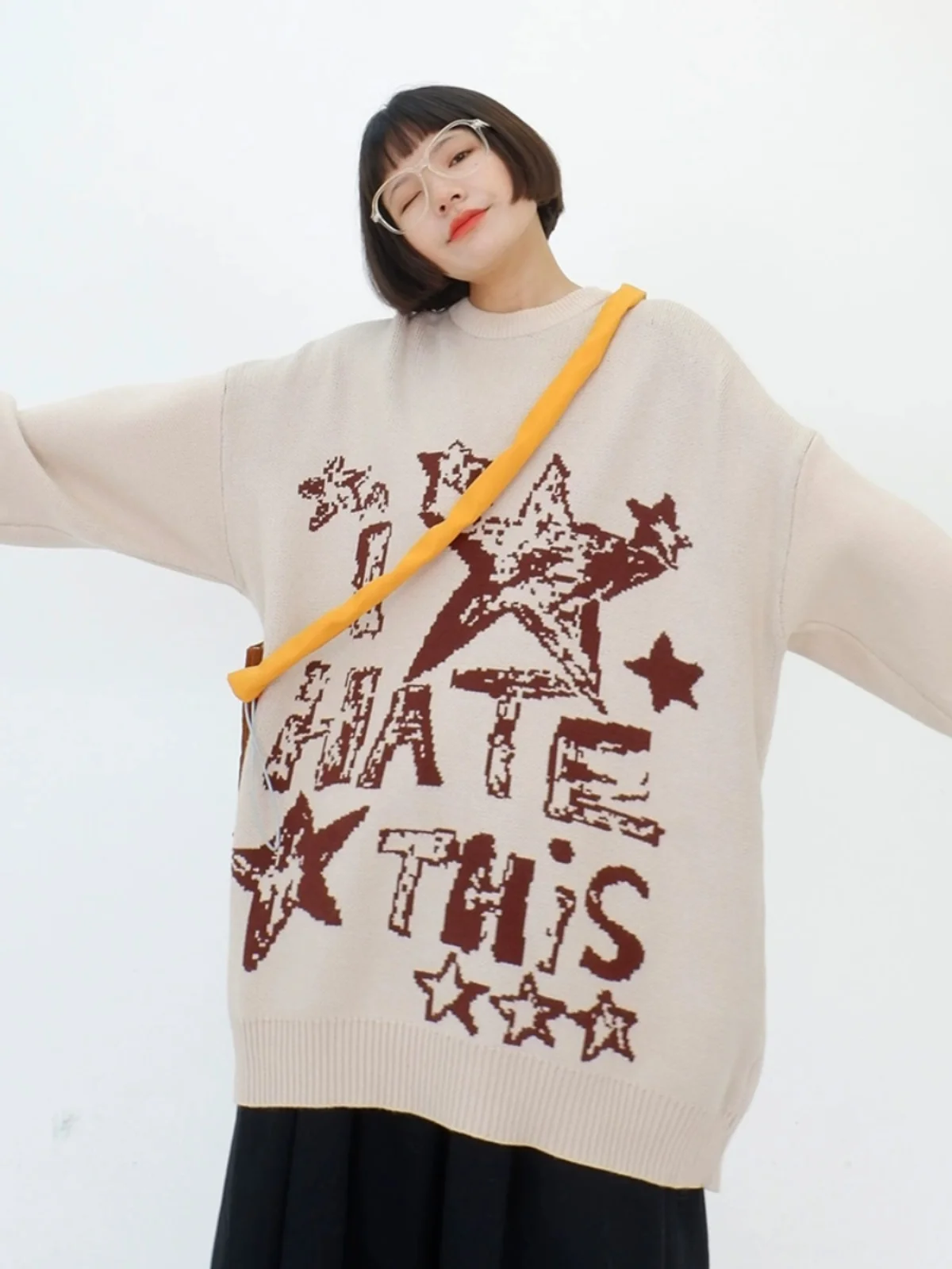 American Soft Glutinous Star Round Neck Sweaters 2023 Autumn/Winter New Loose Fit BF Street Hip Hop Knit Trend