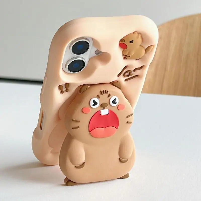 

3D Cartoon Animal Silicon Soft Mobile Phone Case With Holder for iPhone 16 Pro Max Plus Super Kawaii Cover for Phone Gift ANS39