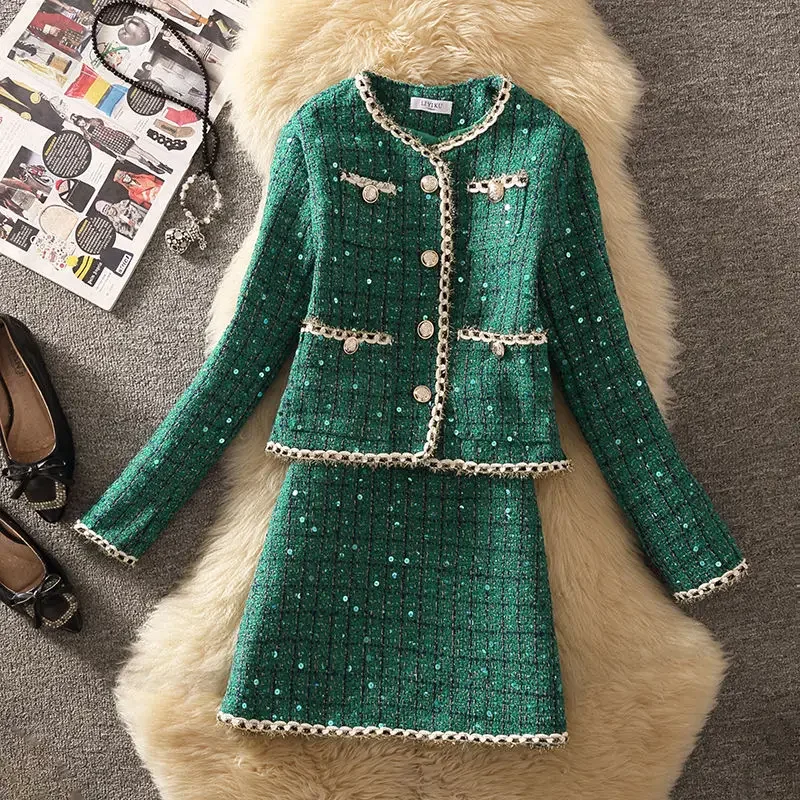 Women Winter Elegant Vintage Tweed Fragrant Suit Jacke Coat Top and Skirt Two Piece Set Outfit Jacquard Formal Party Clothing