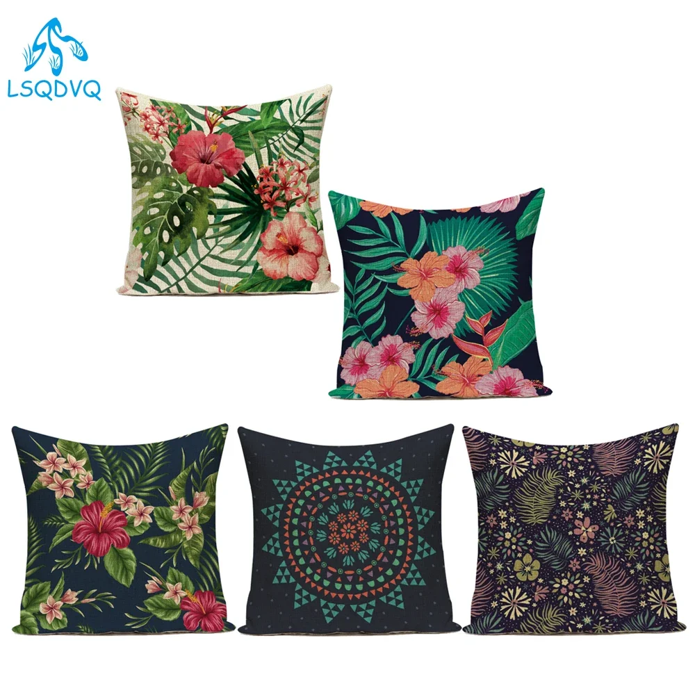Tropical Green Leaf Leaves Purple Red Flower Polyester Cojines Decorativos Para Sofa Pillow Cushion Cover Pillowcase