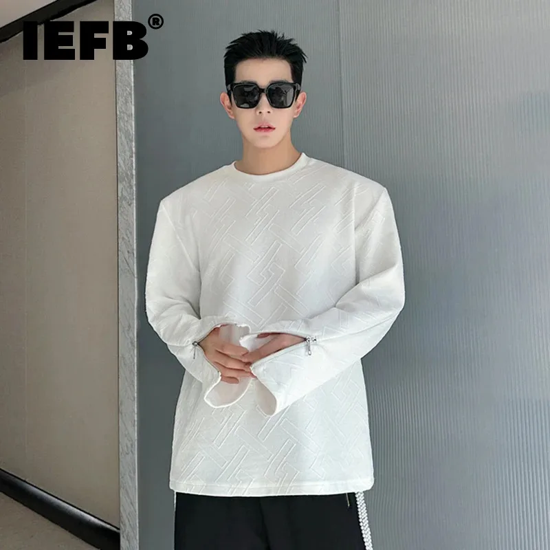 

IEFB Men T-shirt Korean Fashion Jacquard Pattern Cuffs Split Zippers 2024 Round Neck Casual Long Sleeve Male Tops 9C5080