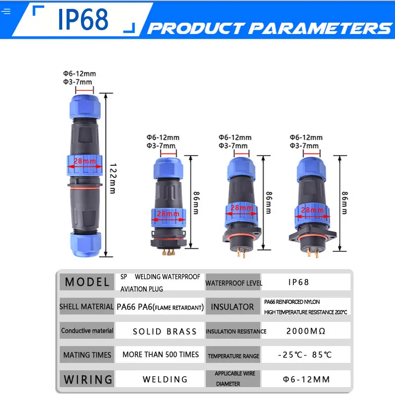 IP68 Waterproof Aviation Plug Connector 2/3/4/5/7/9/12 Pin Panel Mount Wire and Cable Solder Connection SP12 SP16 SP20 One Set